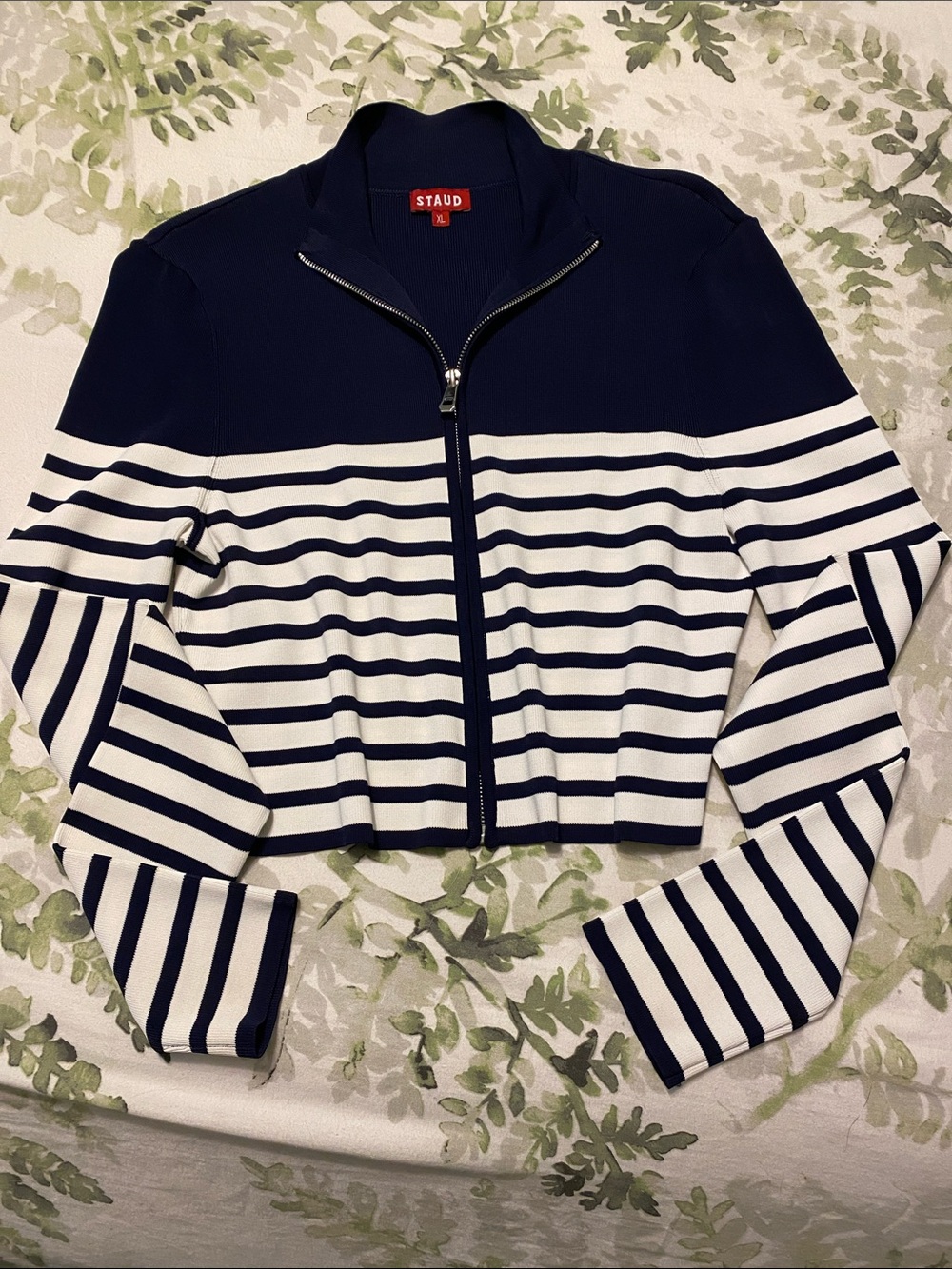 STAUD Navy and White Cropped Zip-Front Striped Jacket